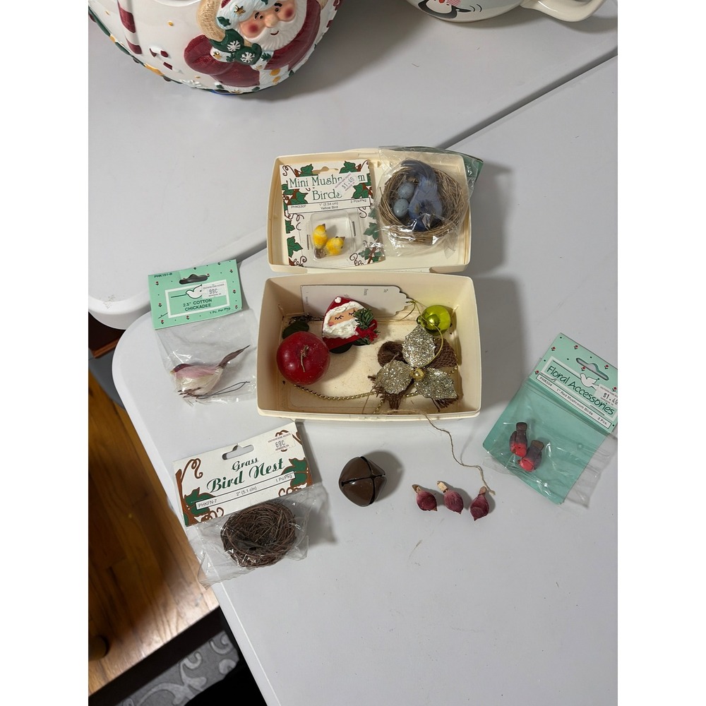 Vintage Floral Craft Supply Lot Mushroom Birds Nests Santa Ornament Jingle Bell